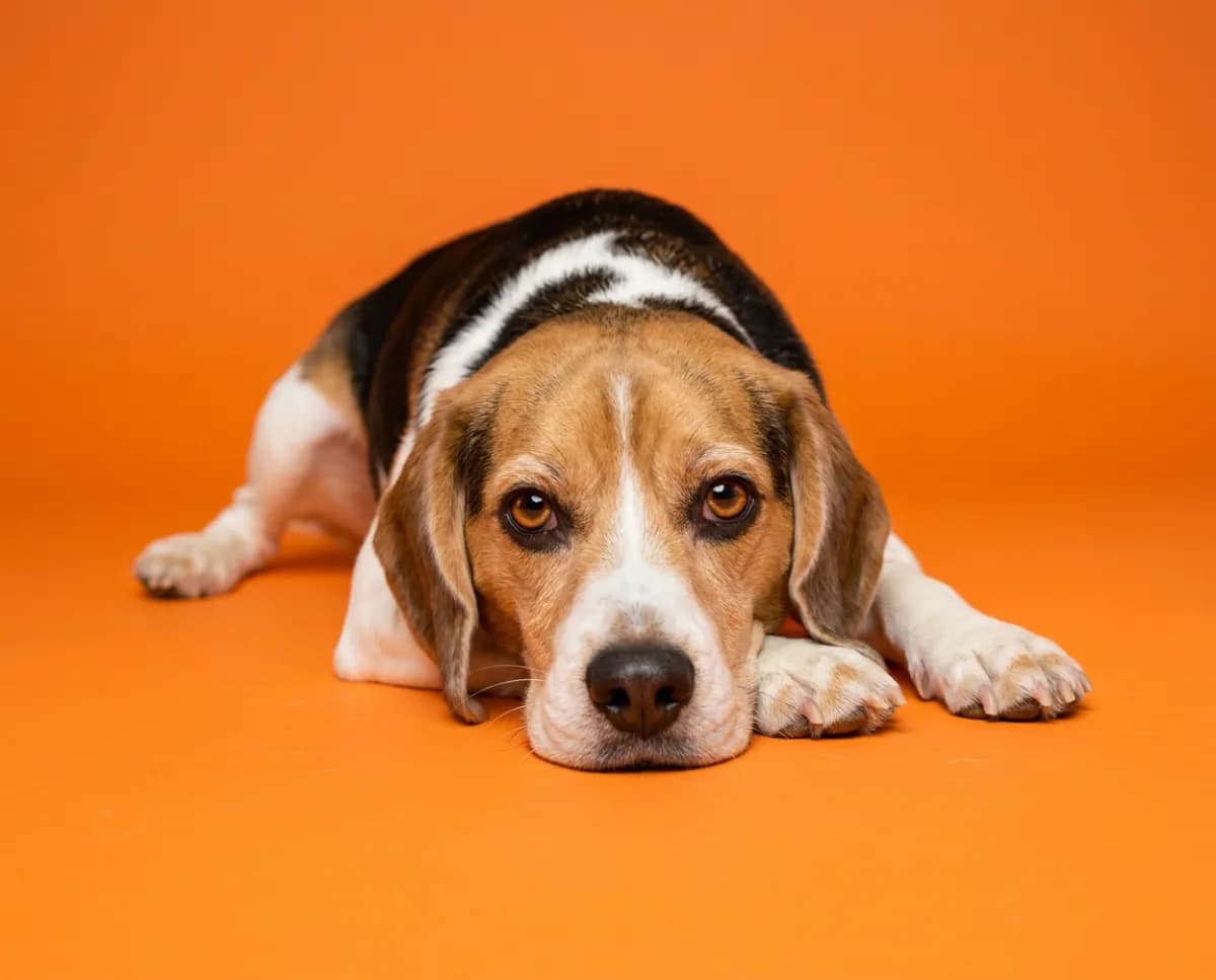 A beagle relaxing on an orange background