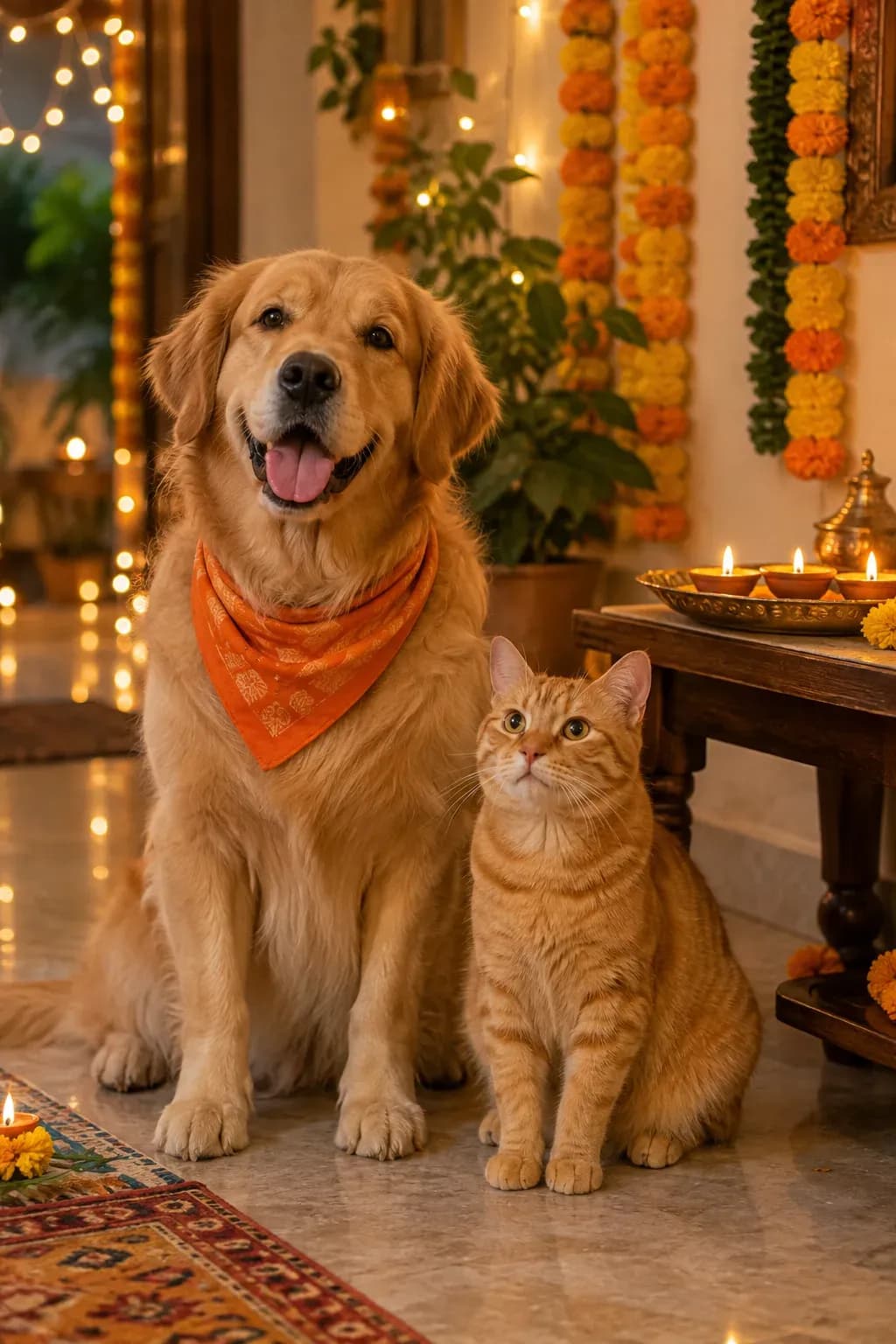 A dog and cat at home in festive light
