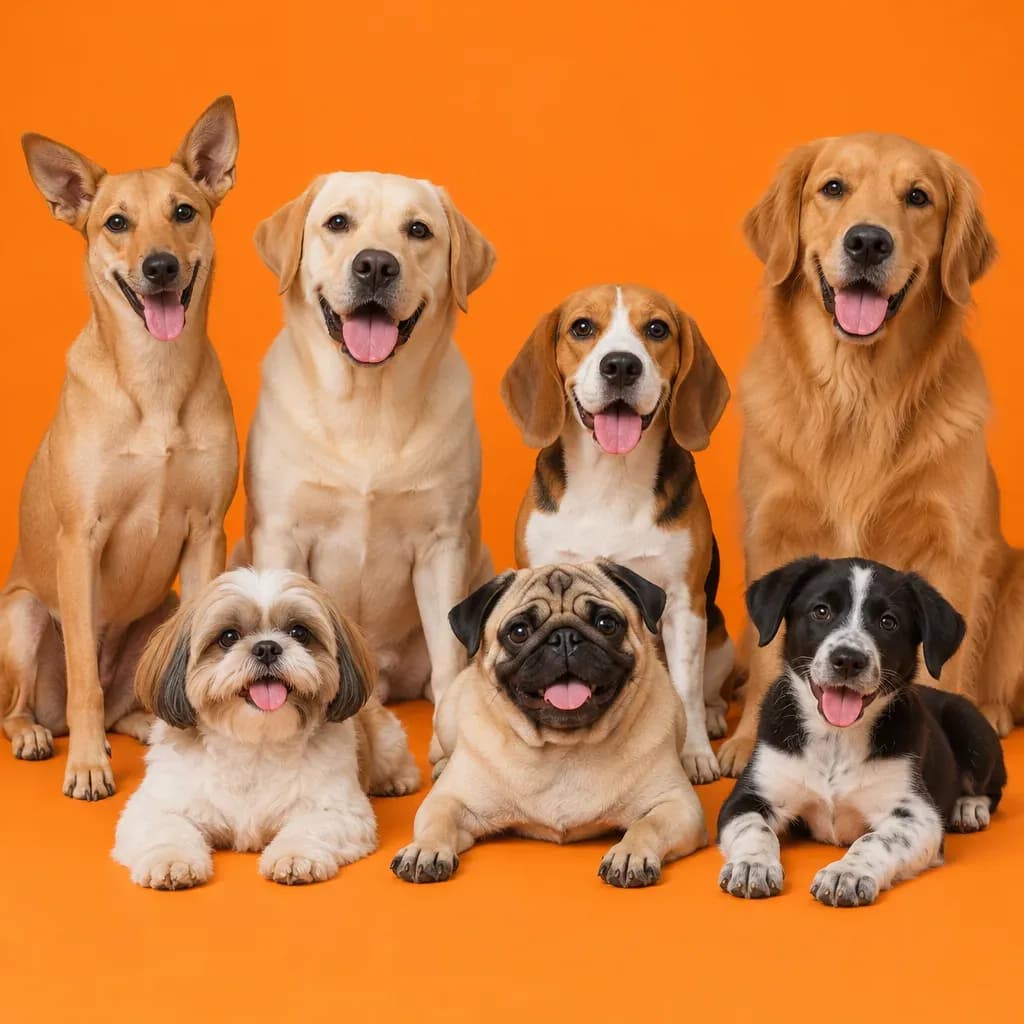 A group of eight different dogs